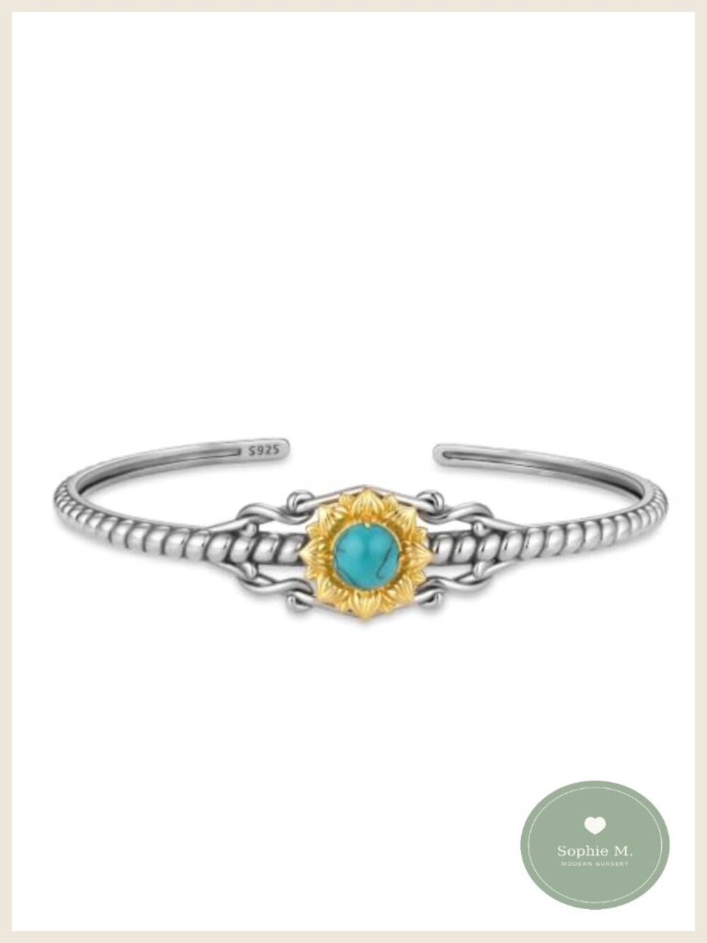 S925 Sterling Silver Turquoise Sunflower Cuff Bracelet Adjustable